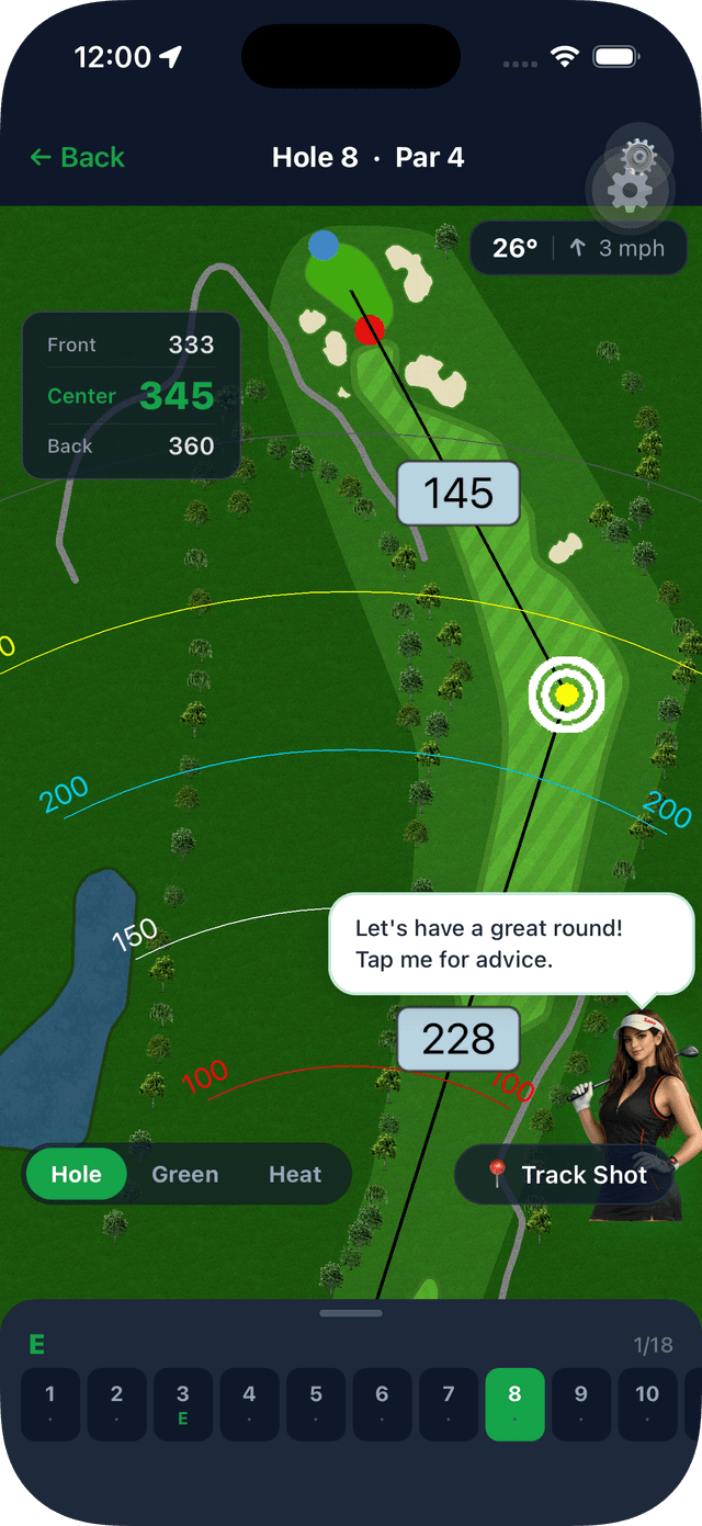 Savvy Caddy GPS scoring with course map, distances, and AI caddy